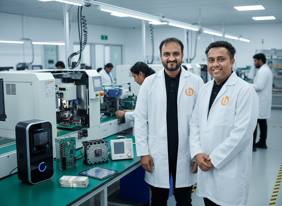 Two Indian men in lab coats standing in an electronics manufacturing facility with equipment and circuit boards.