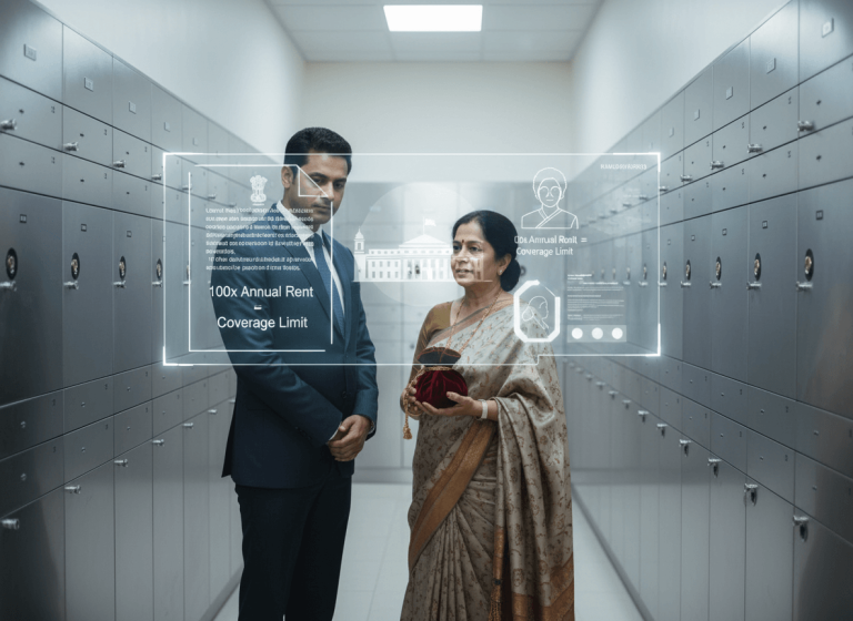 A man in a suit and a woman in a saree stand in a bank vault with locker doors, overlaid with policy data.