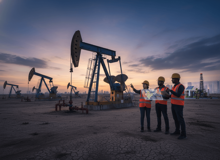 Three engineers in hard hats and safety vests review a holographic map at an oil field during sunset.