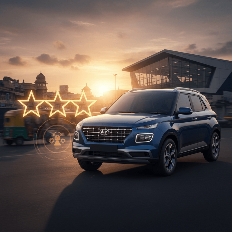 A blue Hyundai Venue SUV parked in an Indian city at sunset, with glowing five-star safety rating symbols.