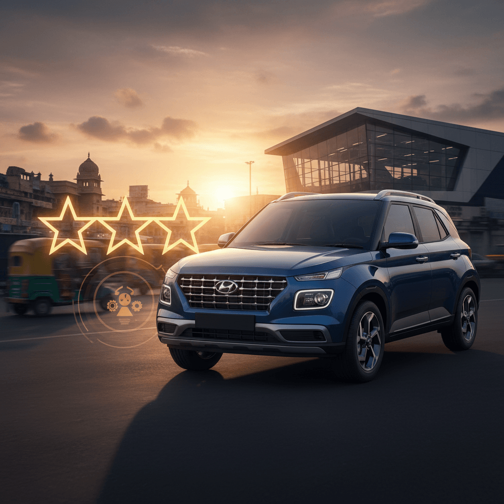 A blue Hyundai Venue SUV parked in an Indian city at sunset, with glowing five-star safety rating symbols.