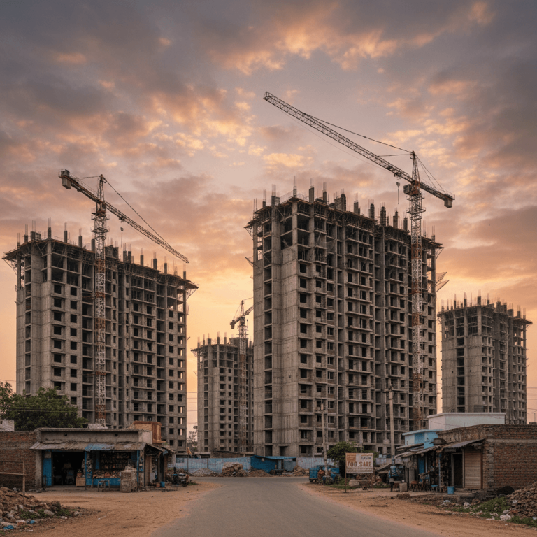 Large residential buildings under construction in India with cranes against an orange and pink sunset sky.