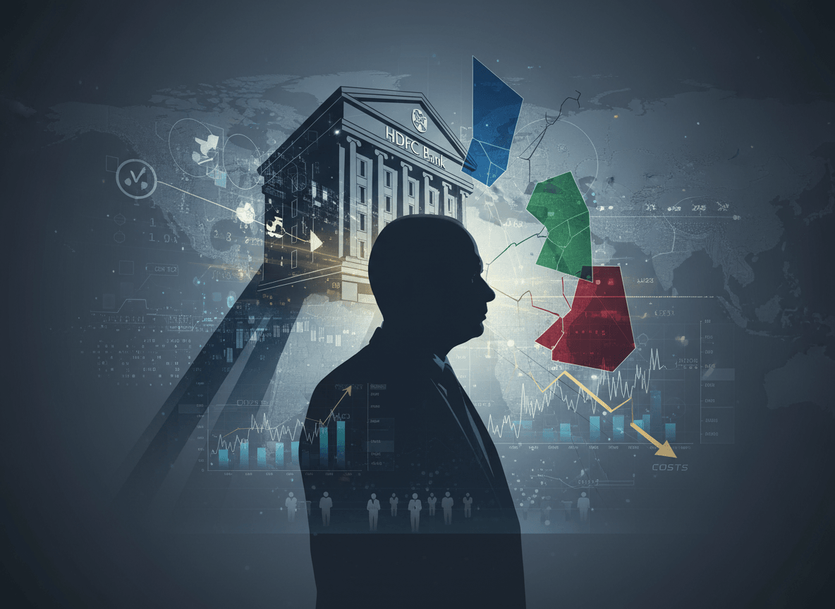 Silhouette of a man contemplating issues, with a bank building and abstract governance elements in the background.