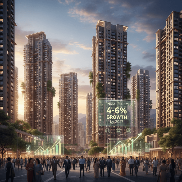 A modern city skyline with tall residential buildings at sunset, with holographic financial charts and data overlaying the scene.