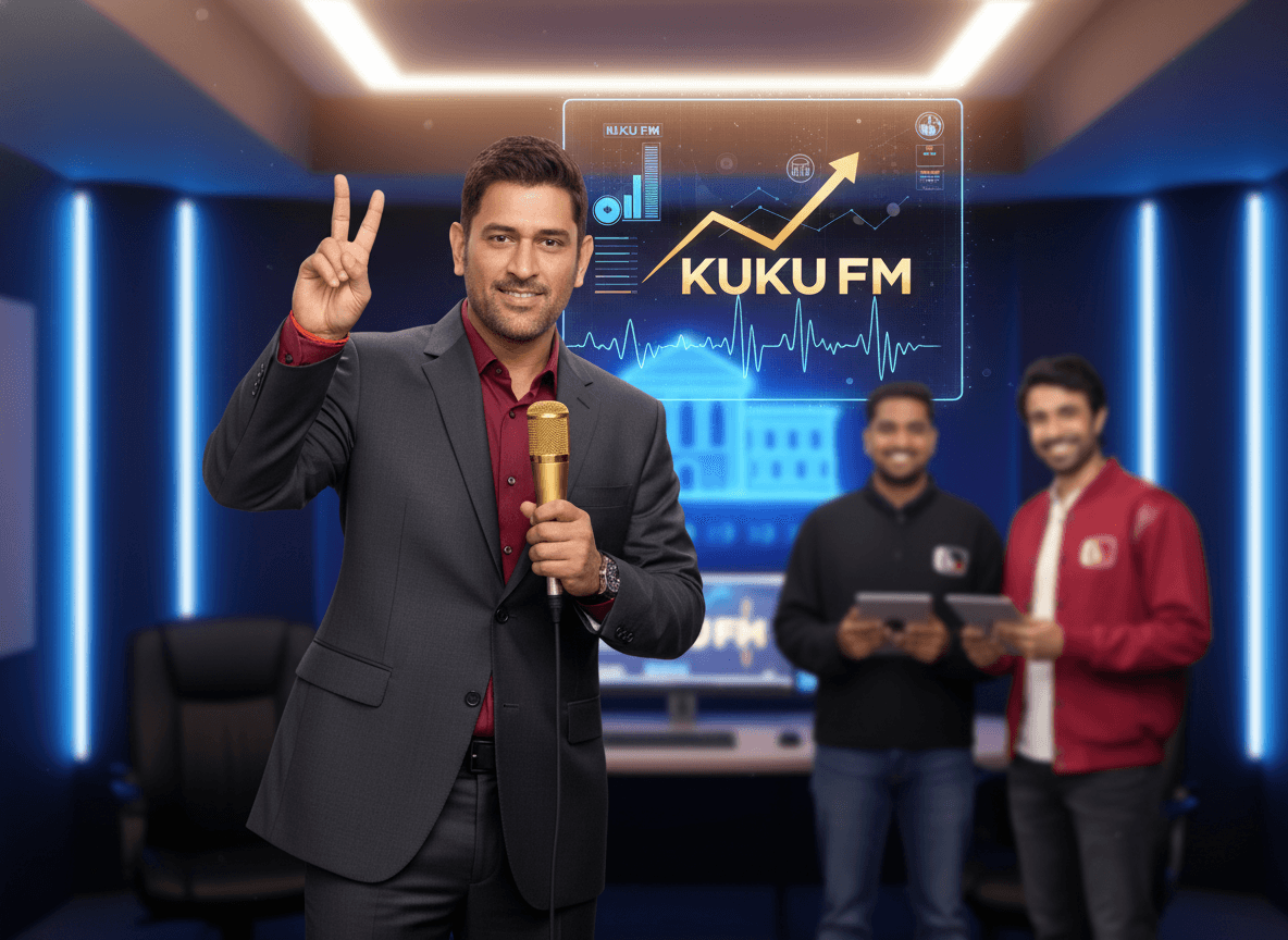 MS Dhoni holding a microphone, making a peace sign, with Kuku FM founders and a growth chart in the background.