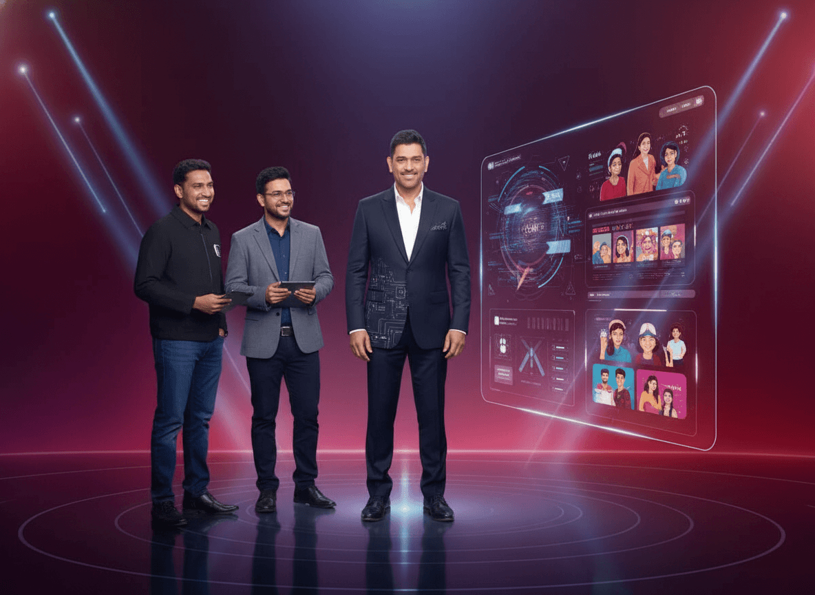 MS Dhoni in a suit with two founders, showcasing a futuristic AI storytelling platform interface.