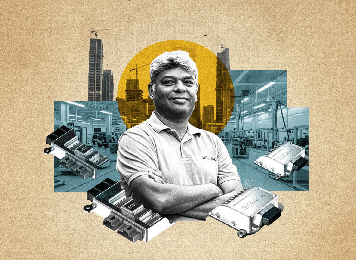 A man with folded arms, wearing a polo shirt, stands against a background of factory floors and city buildings.
