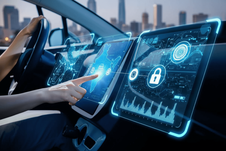A hand interacts with holographic vehicle cybersecurity system displaying a map of India and a padlock icon.