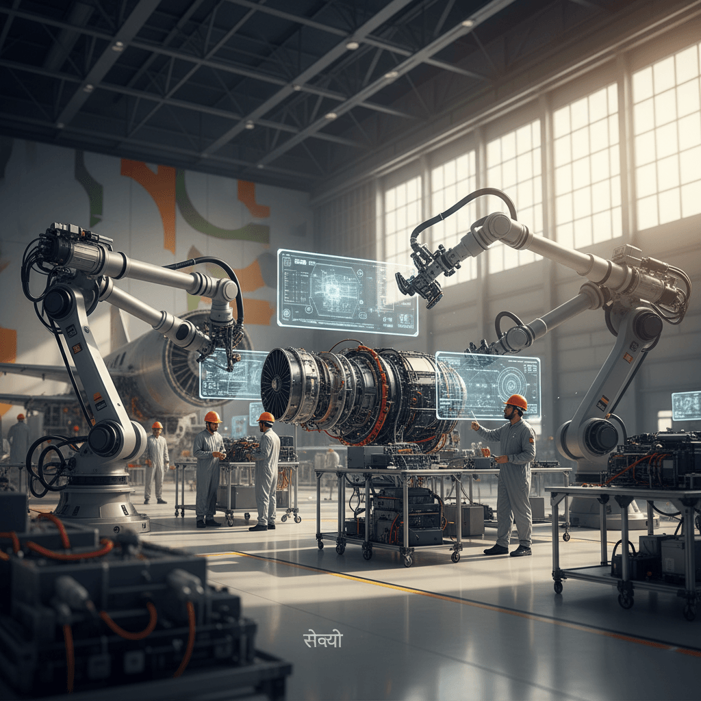 Engineers and robotic arms work on complex aerospace systems in a large, modern hangar with digital interfaces.