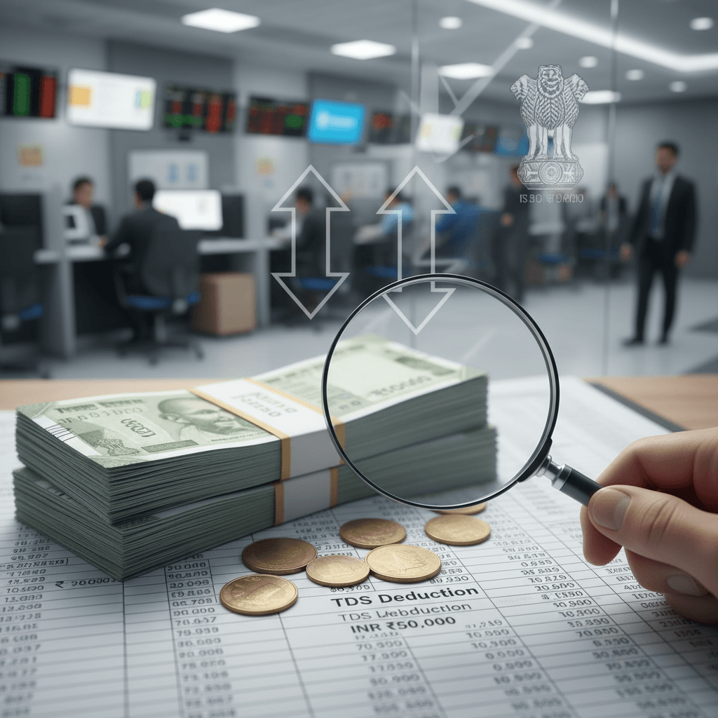 A hand holding a magnifying glass over a tax deduction document, with stacks of Indian Rupees and coins on a desk.
