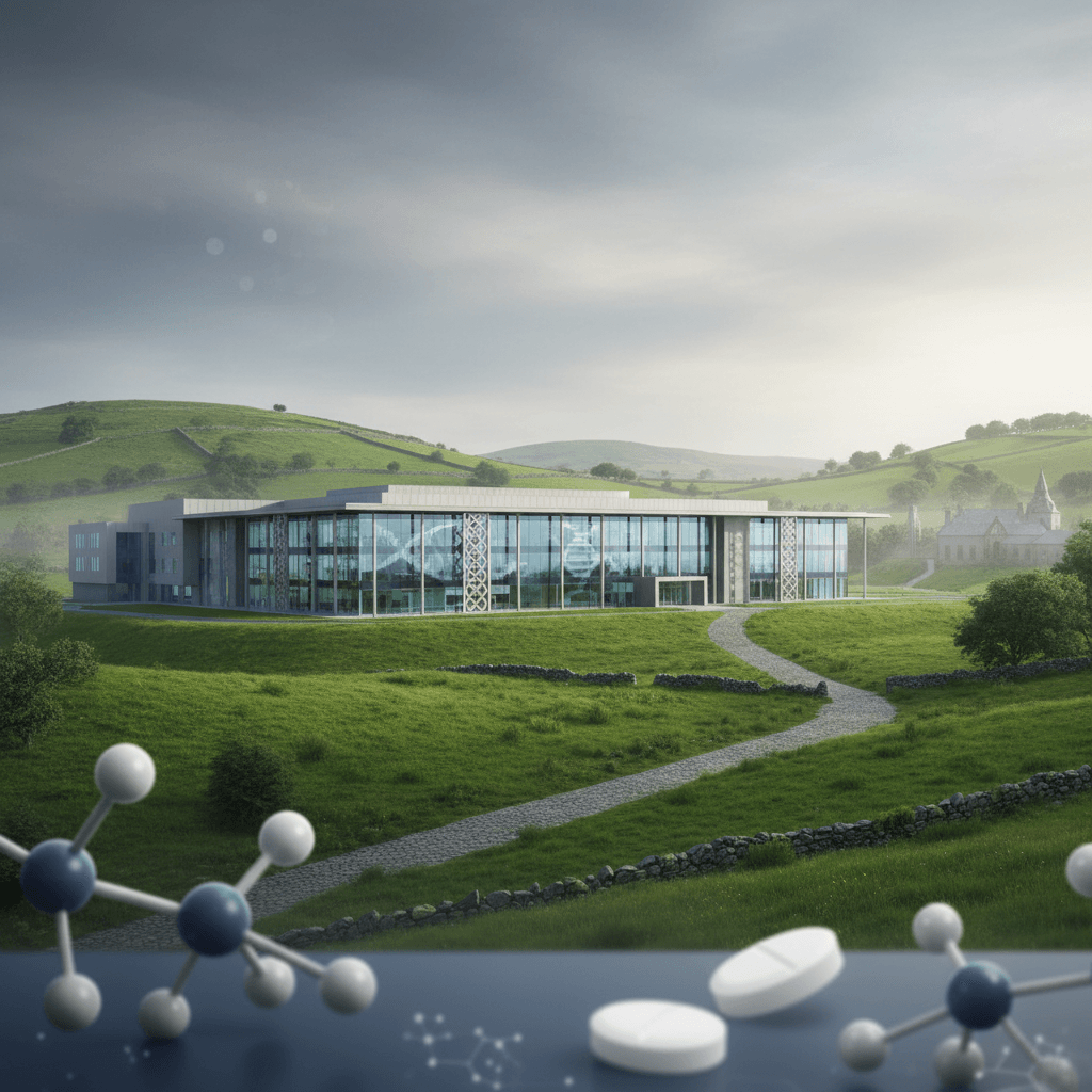 A professional image showing a modern, glass-fronted pharmaceutical building nestled in rolling green Irish hills under a bright sky.