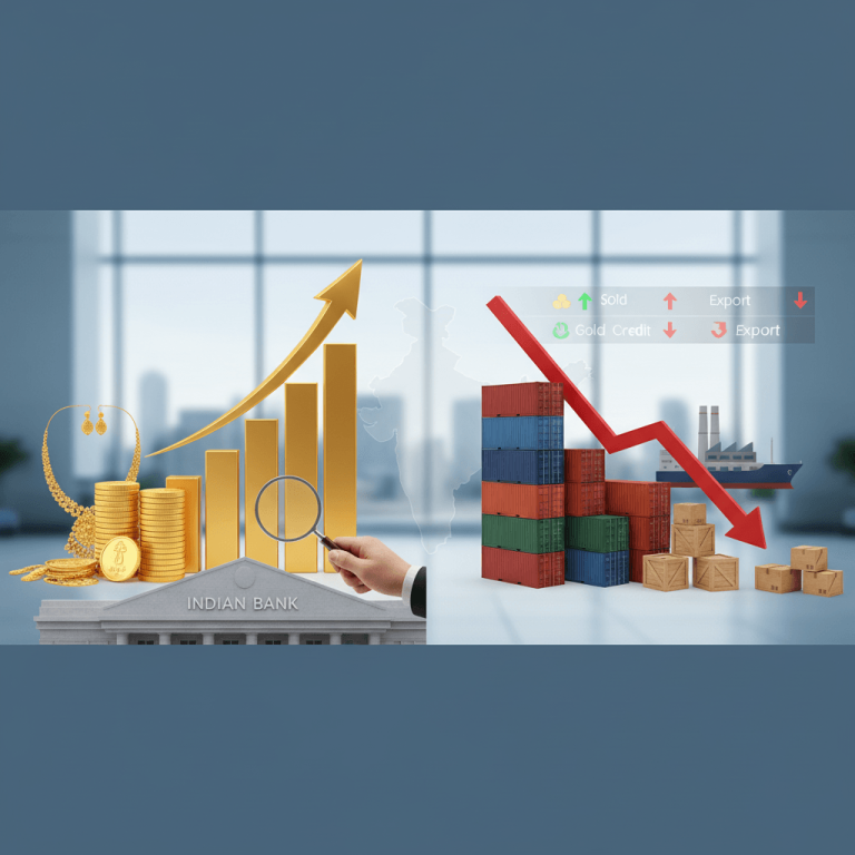 A split image showing an upward trend for gold loans from an Indian bank and a downward trend for export credit.