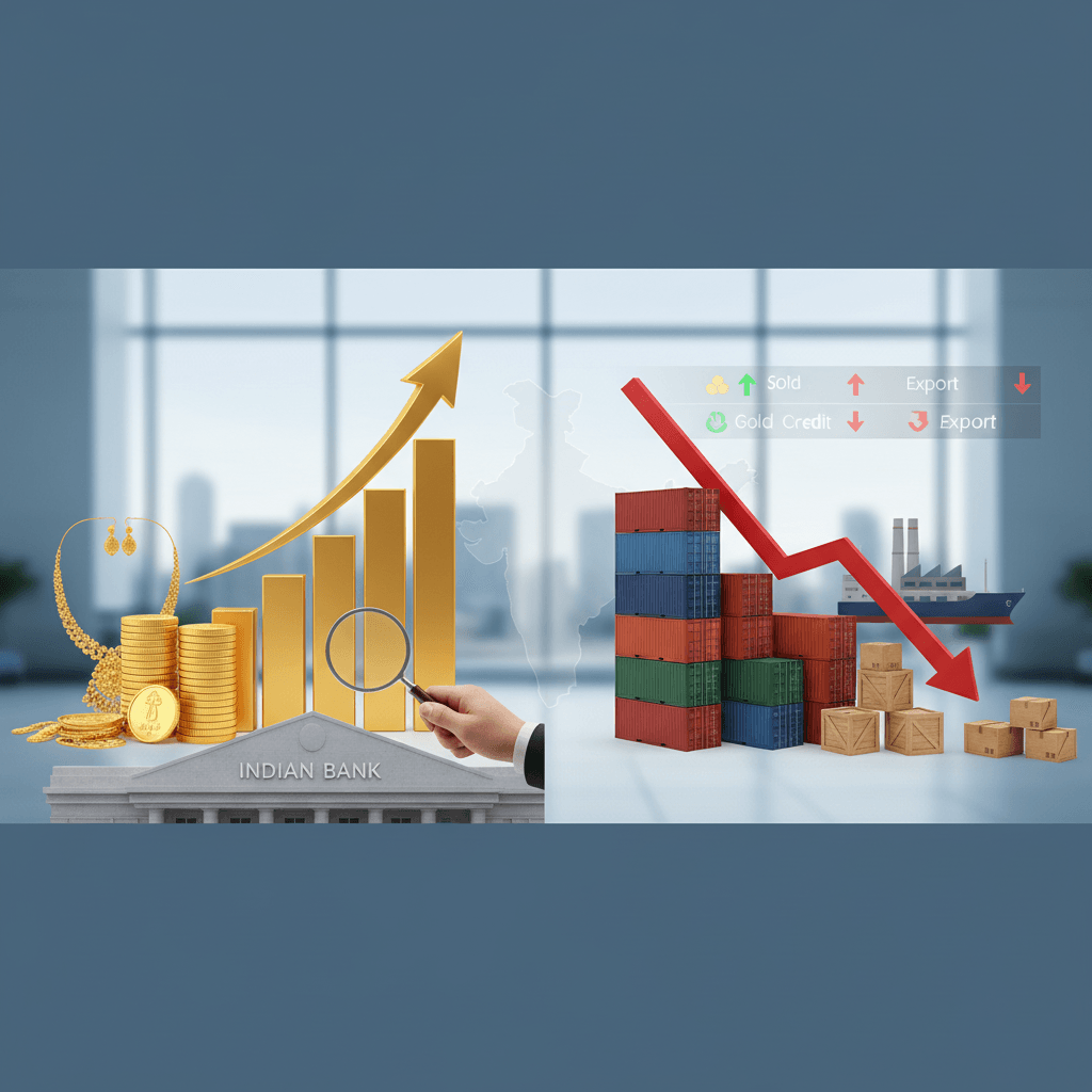 A split image showing an upward trend for gold loans from an Indian bank and a downward trend for export credit.