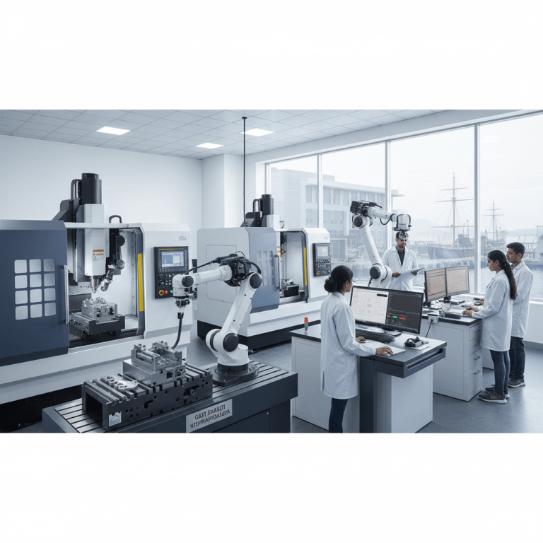 A modern precision manufacturing center with students and faculty, industrial machinery, robotic arms, and computers.