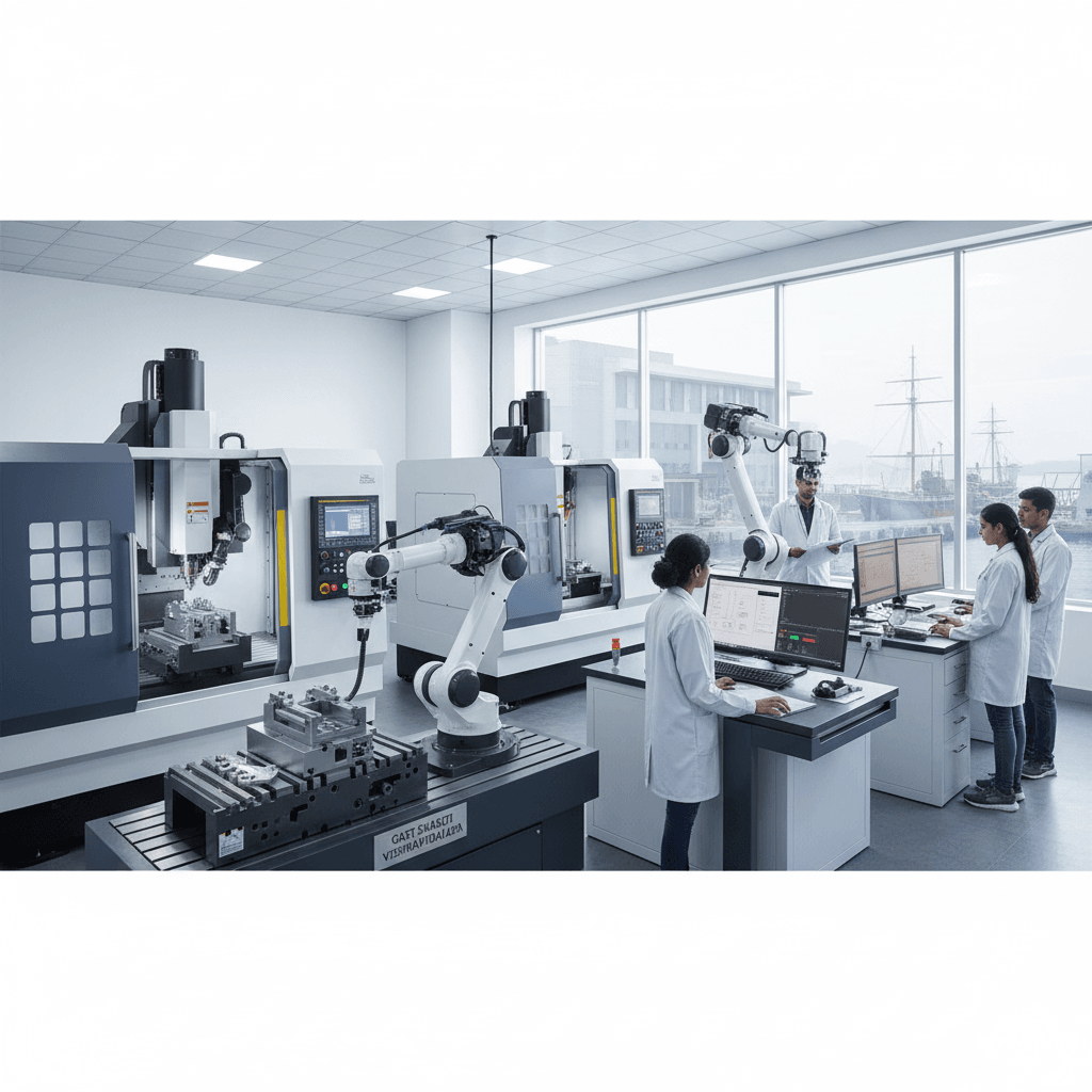 A modern precision manufacturing center with students and faculty, industrial machinery, robotic arms, and computers.