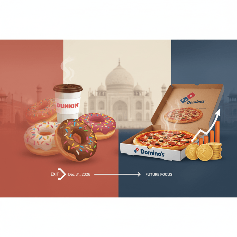 A conceptual image showing a clear transition from Dunkin' to Domino's, set against an Indian backdrop.