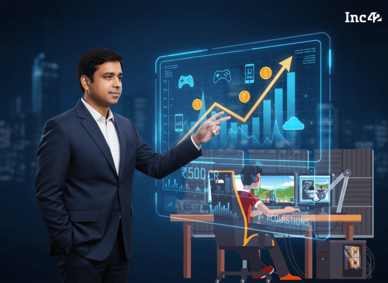 A man in a suit interacting with a holographic display showing financial charts, gaming icons, and investment concepts.