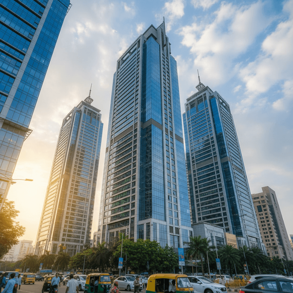A low-angle view of multiple towering, glass-fronted modern office buildings under a partly cloudy sky, with a busy street.