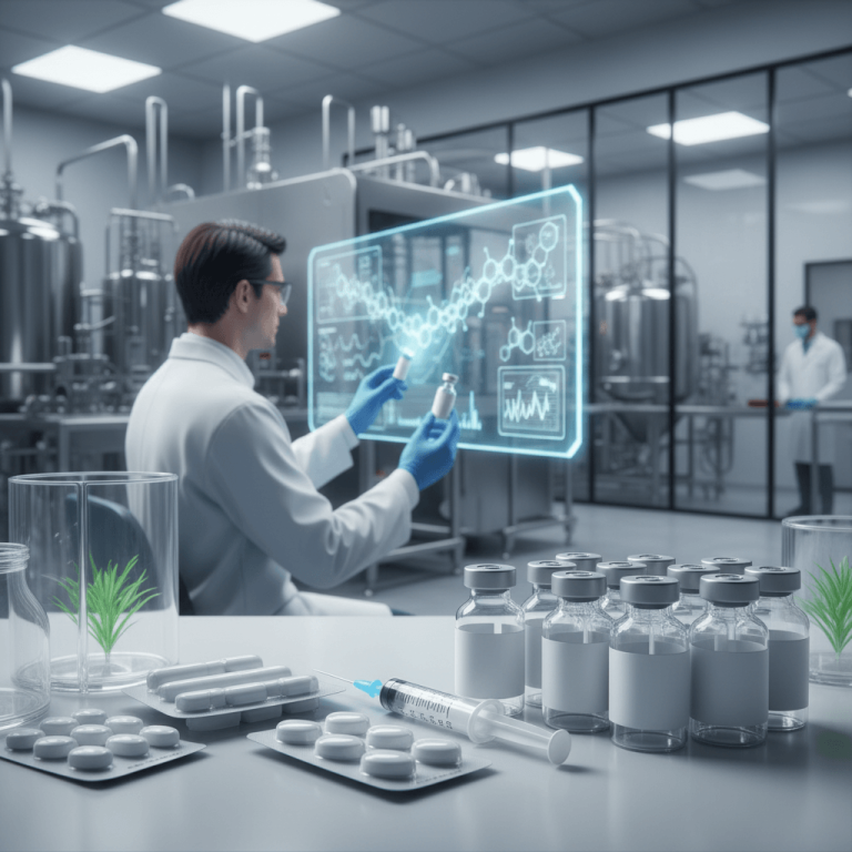 A scientist in a lab coat and gloves views medicine vials with a holographic display of molecular structures.