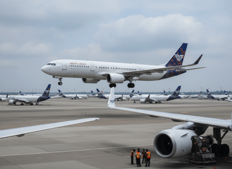 A busy Indian airport with several planes on the tarmac and one descending for landing under a cloudy sky.