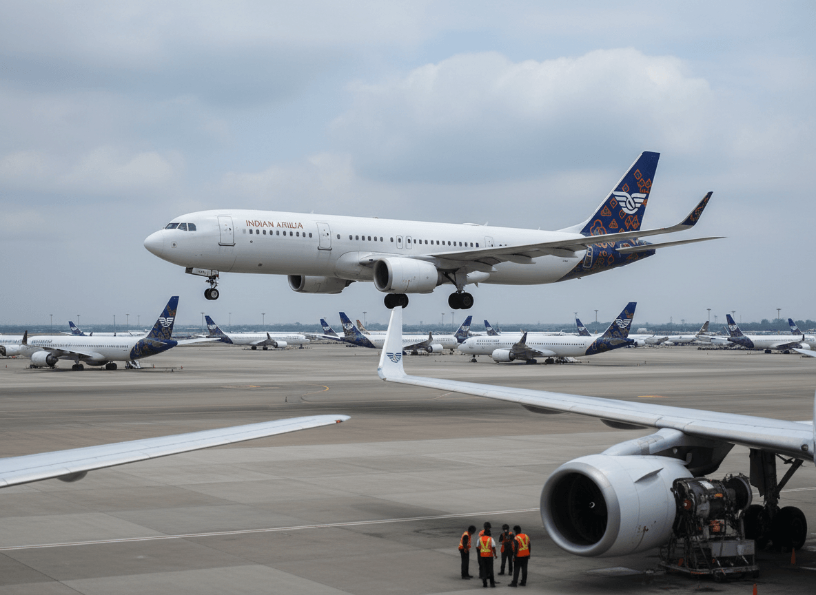 A busy Indian airport with several planes on the tarmac and one descending for landing under a cloudy sky.