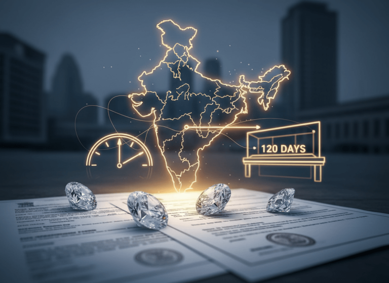 A professional image showing diamonds on policy documents, with a glowing map of India and a 120-day timer overlay.