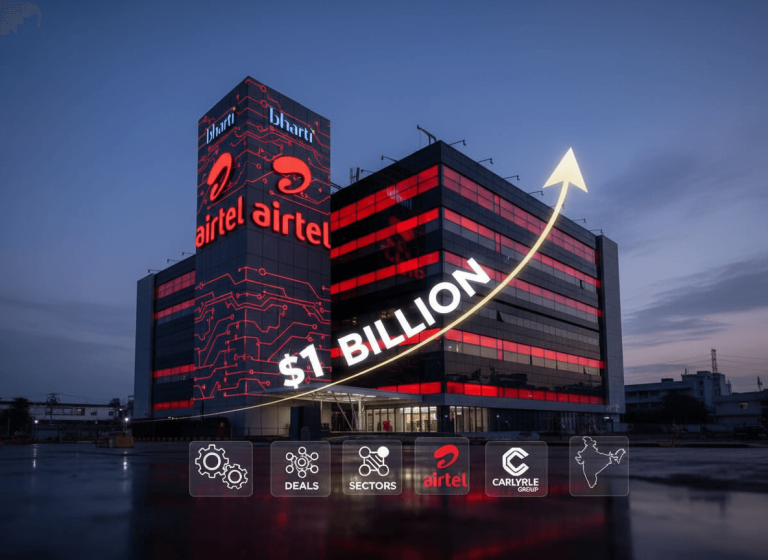 A modern building with red glowing lights and a financial growth arrow indicating a $1 billion investment.