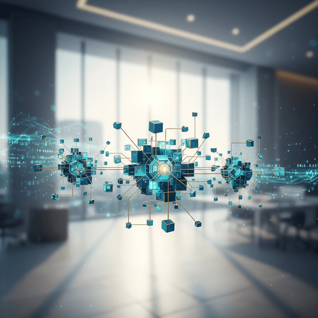 A professional image showing a glowing digital network of interconnected cubes and lines, overlaid on a blurred modern office.