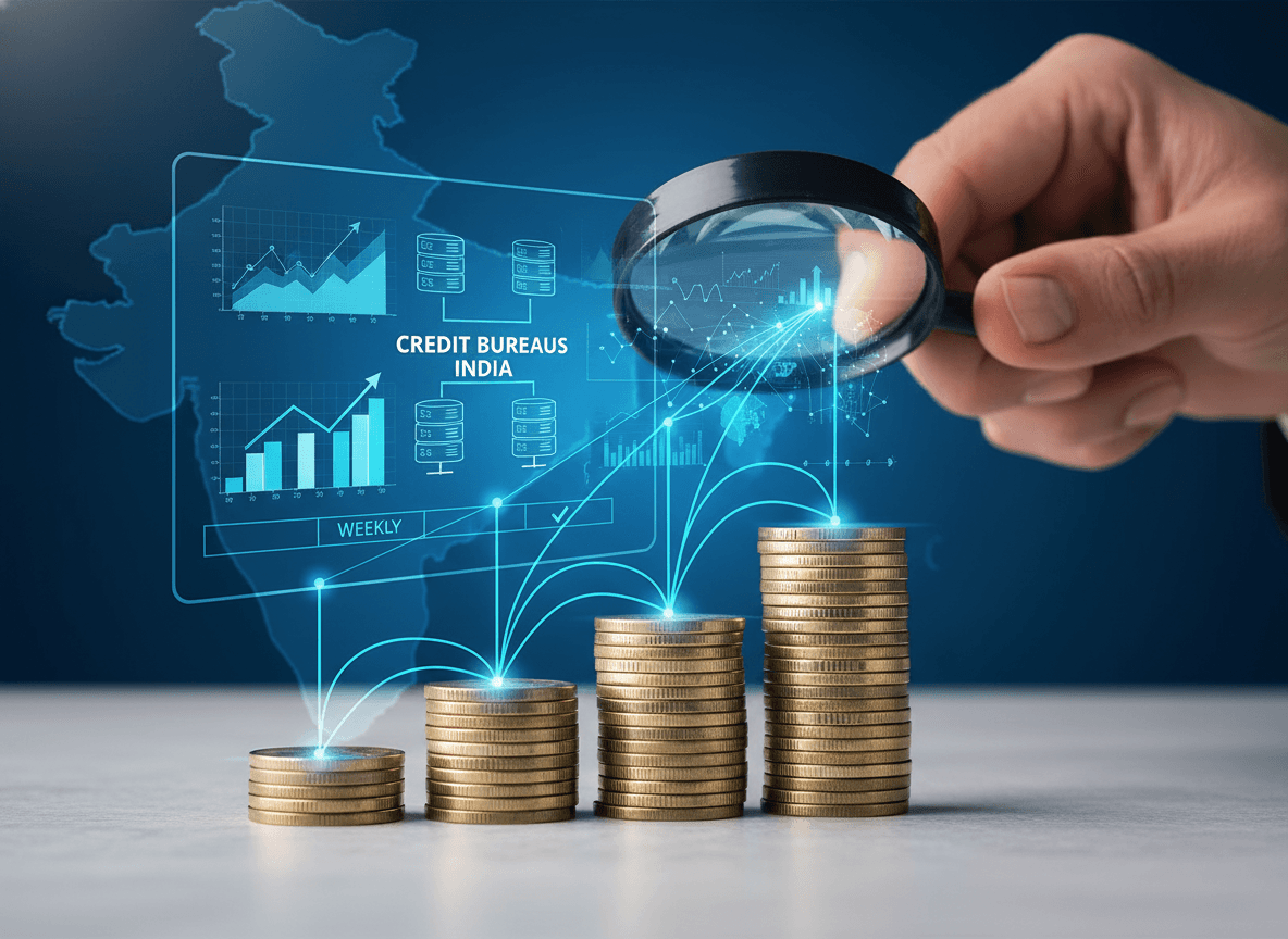 A hand holds a magnifying glass over stacks of coins and a digital interface displaying "CREDIT BUREAUS INDIA" and data.