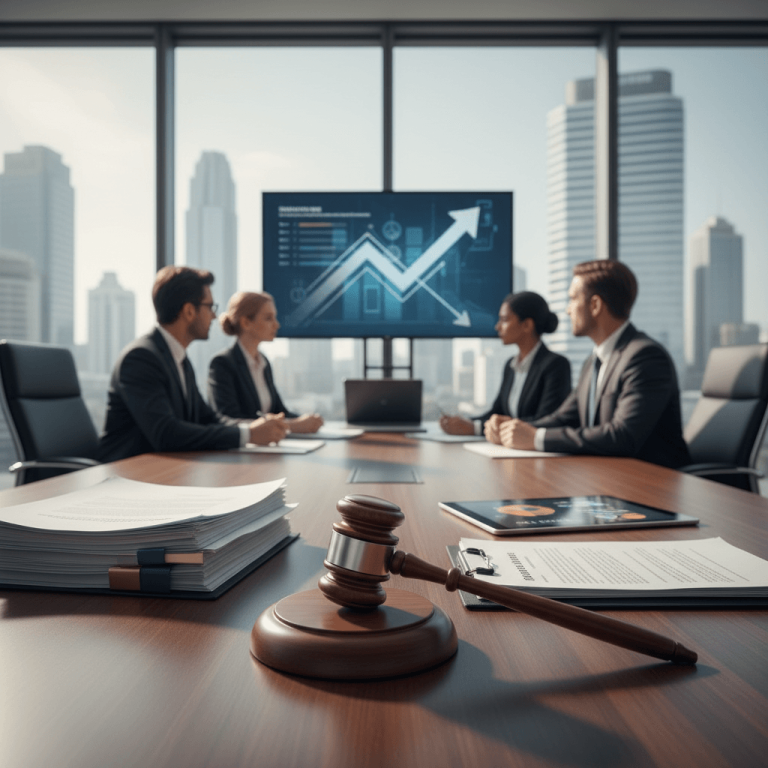 A gavel rests on a polished wooden conference table with stacks of documents and a tablet, as four professionals discuss in the background.