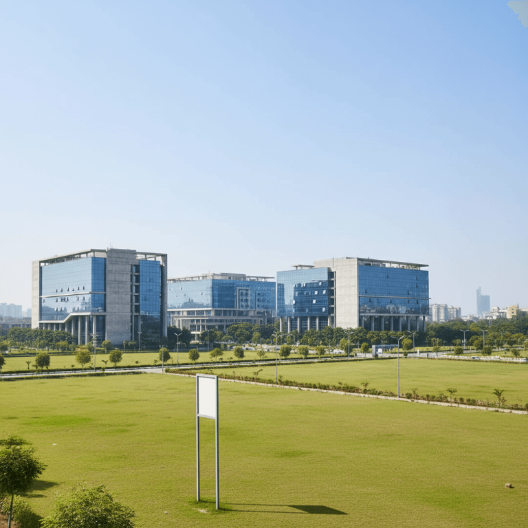A wide shot of a modern IT park in Kolkata with several glass-facade buildings and green lawns under a clear sky.