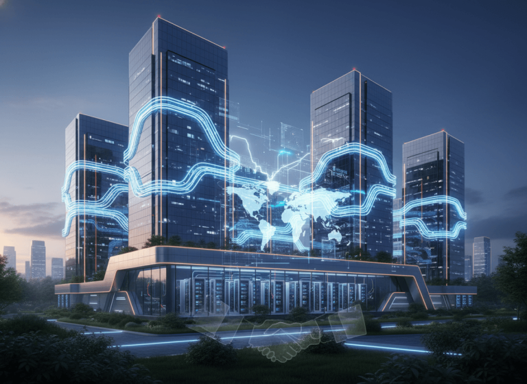Modern data center complex with sleek buildings, glowing network lines, a world map overlay, and a subtle handshake graphic.