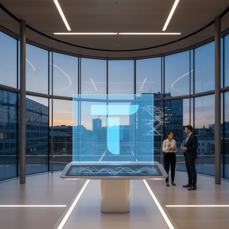 Two professionals in a modern office with a large transparent display showing a stylized 'T' and data.