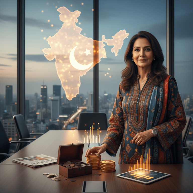 A professional woman stands in a modern office with a glowing map of India and Pakistan in the background.