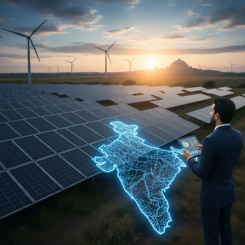 A man with a tablet overlooks solar panels and wind turbines with a glowing map of India, symbolizing energy growth.