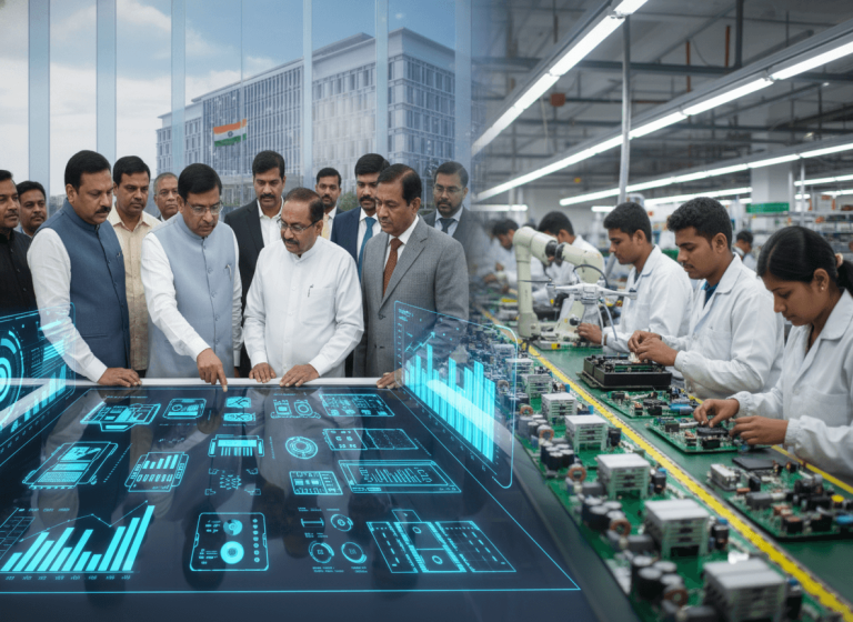 A group of Indian government officials viewing a holographic display of manufacturing data, with a bustling electronics factory and a government building in the background.
