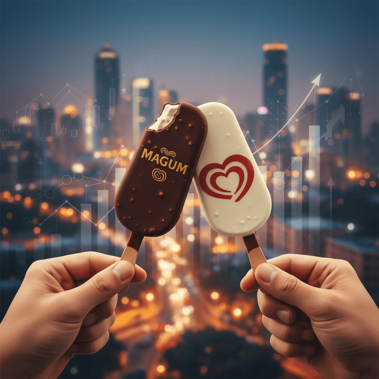 Two ice cream bars, one chocolate and one vanilla, clinking together against a blurred cityscape at dusk with financial graphs.