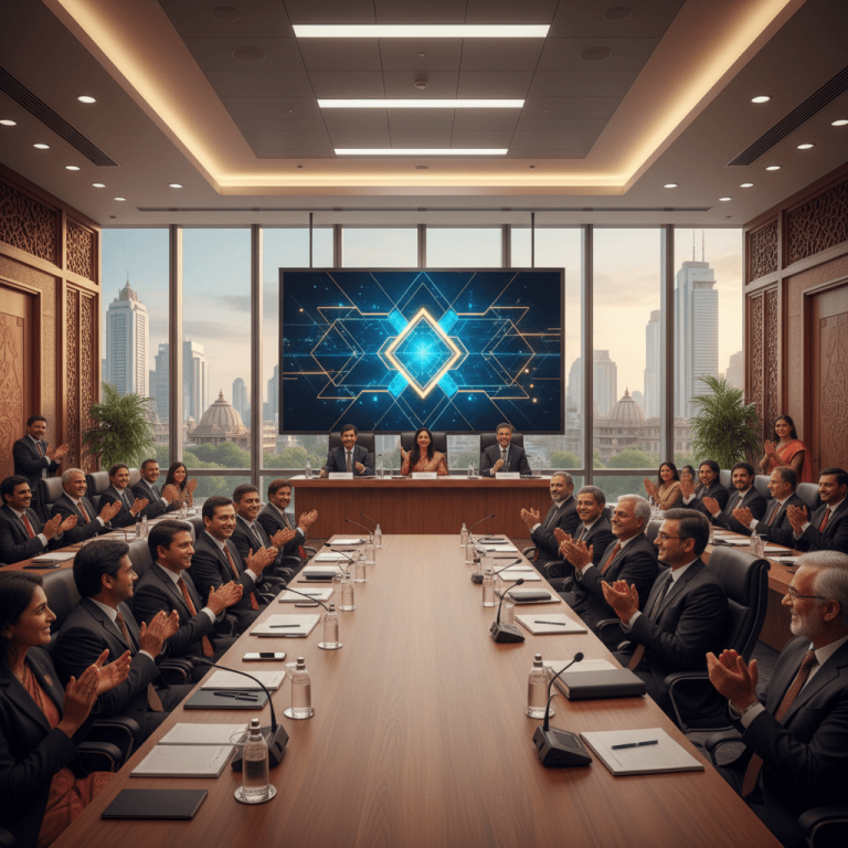 A diverse group of shareholders, many of Indian descent, in a modern boardroom, applauding a decision displayed on a large screen.