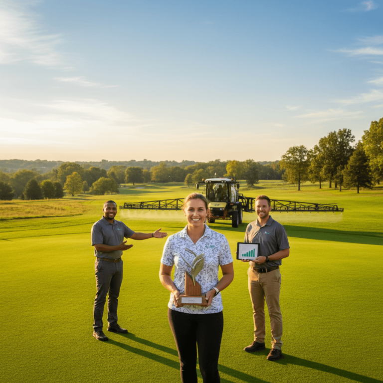 Three professionals on a well-maintained golf course with a large sprayer in the background, celebrating a sweepstakes win.