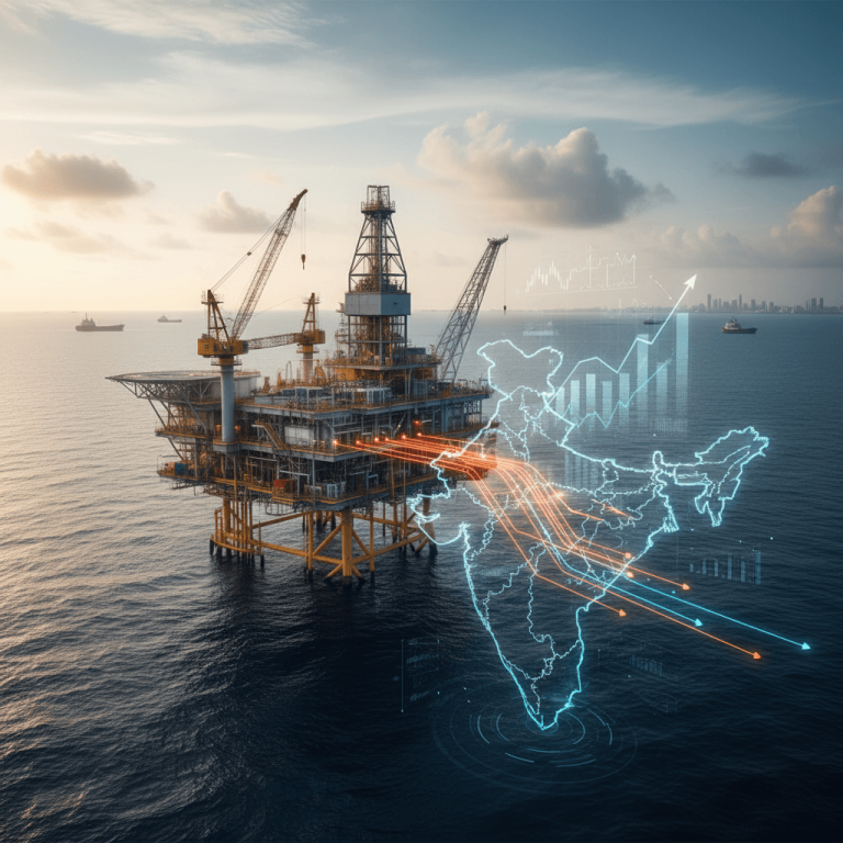 A modern oil rig at sea with an overlay of a glowing map of India and rising financial charts, signifying investment.