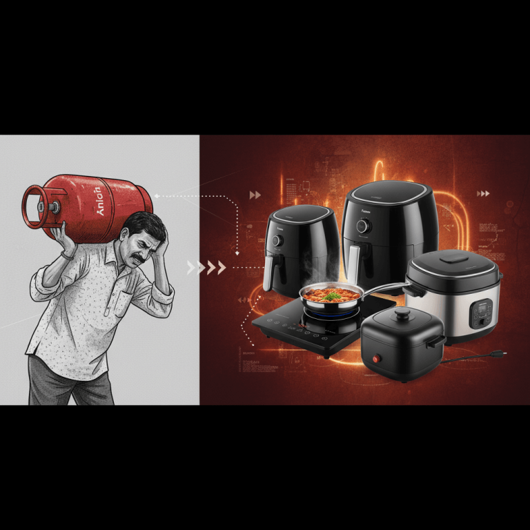 A man struggling to carry an LPG cylinder on one side, contrasted with modern electric kitchen appliances on the other.