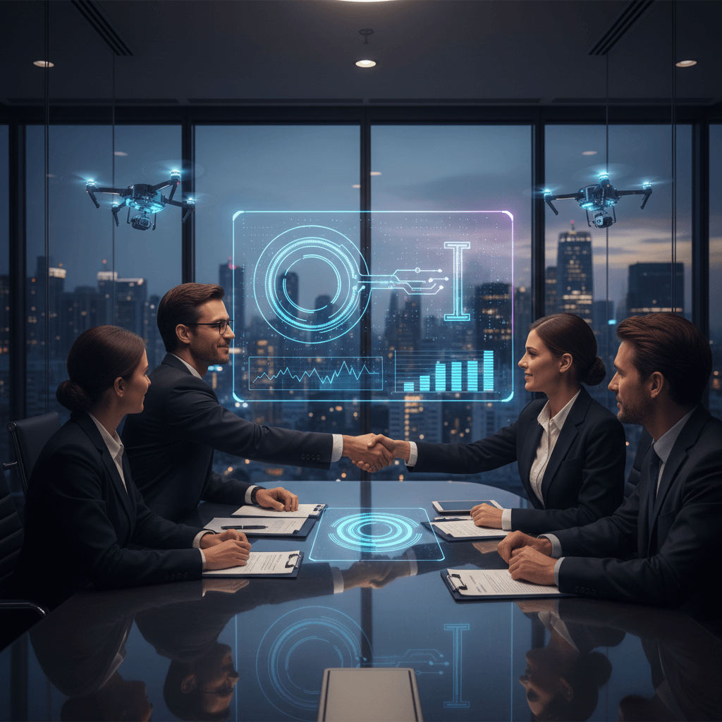 Four business professionals, two men and two women, are seated at a conference table, with two shaking hands.