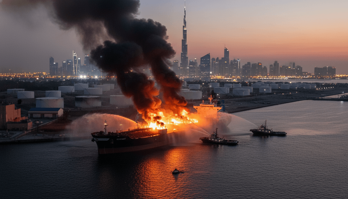 An oil tanker on fire at a port with dark smoke rising, firefighting tugboats, and the Dubai skyline at sunset.