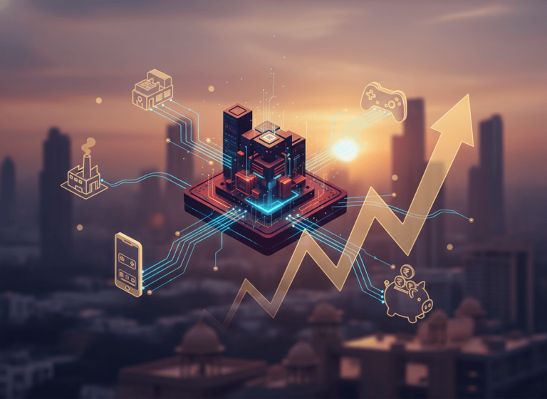 An abstract digital cityscape with interconnected financial, gaming, and mobile icons, showing a rising arrow, against a sunset skyline of India.