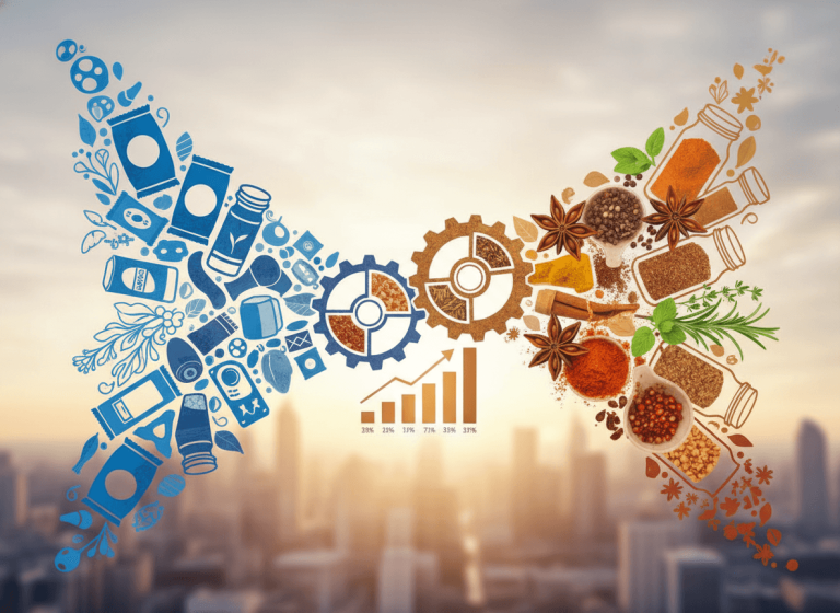 A creative visual depicting the merger of food industry giants, featuring blue food product icons and vibrant spices.