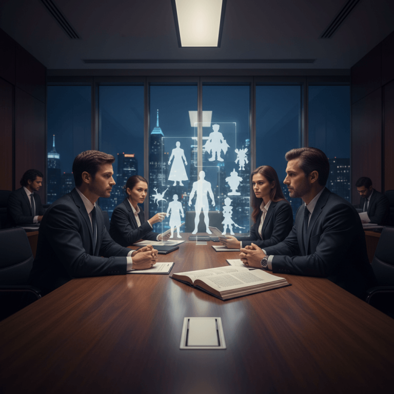 A legal team in a modern boardroom at night, discussing holographic projections of various movie character silhouettes.