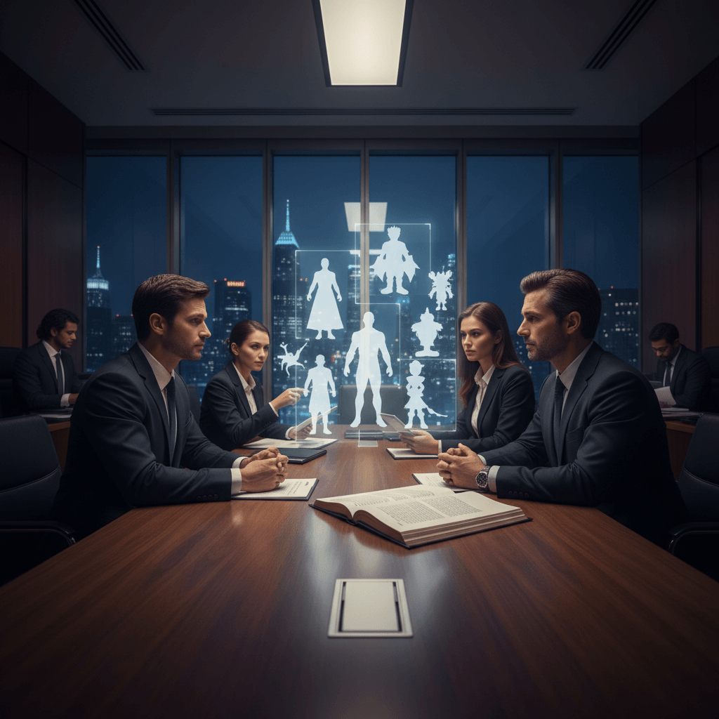 A legal team in a modern boardroom at night, discussing holographic projections of various movie character silhouettes.