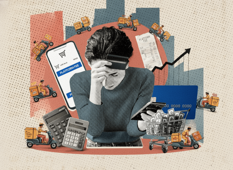 A distressed person holding a credit card and phone, surrounded by symbols of rising costs and delivery services.