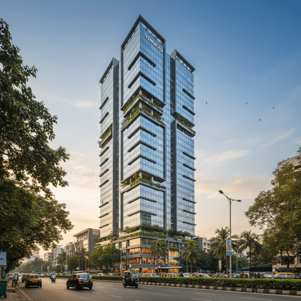 A modern, glass-clad high-rise commercial building in a bustling Mumbai street scene at sunset.