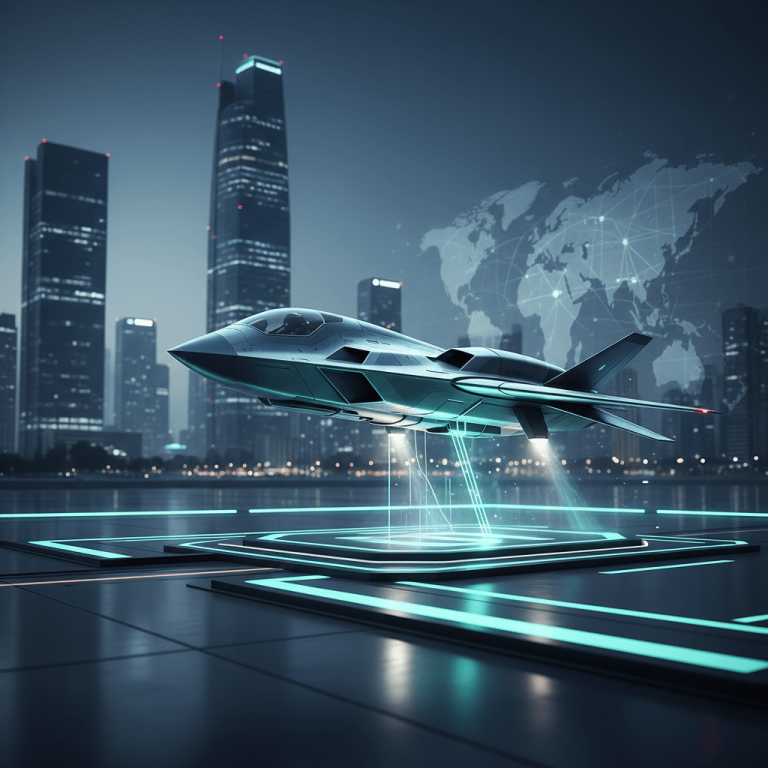A modern fighter jet hovers above a futuristic platform with a city skyline and global map in the background.